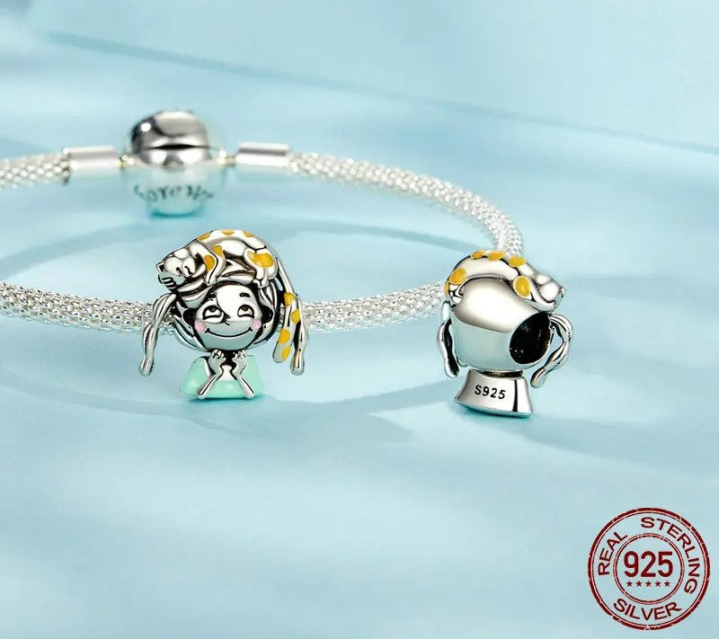 925 Sterling Silver Cute Kitty & Girl Charm - TEA LU SHOP