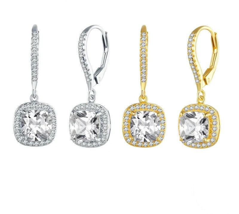925 Sterling Silver Dazzling CZ Square Geometric Drop Earrings - TEA LU SHOP