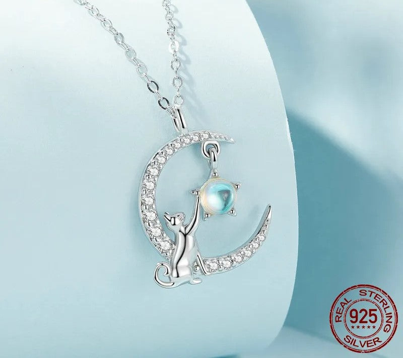 925 Sterling Silver Cute Cat Moon Necklace - TEA LU SHOP