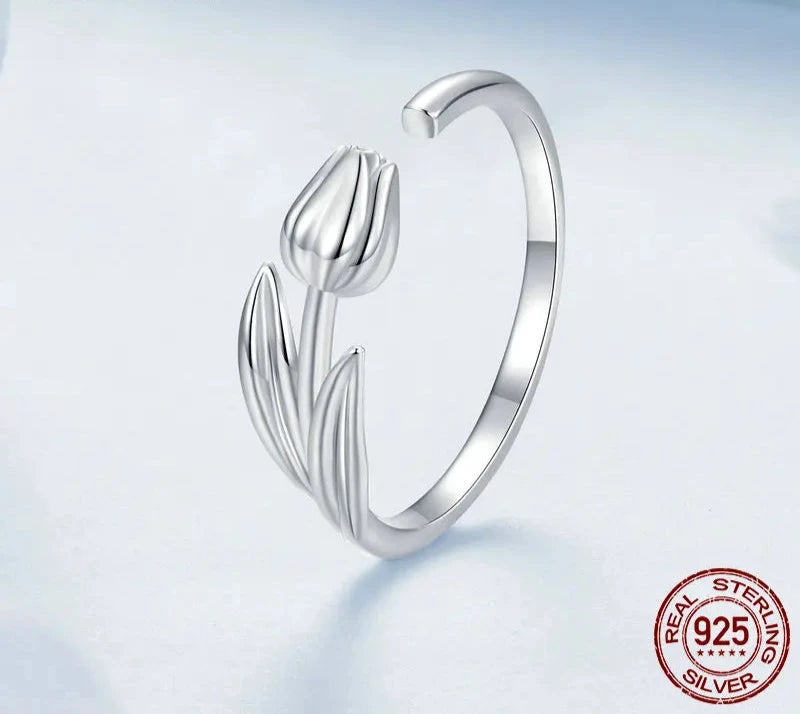 925 Sterling Silver Adjustable Tulip Flower Ring