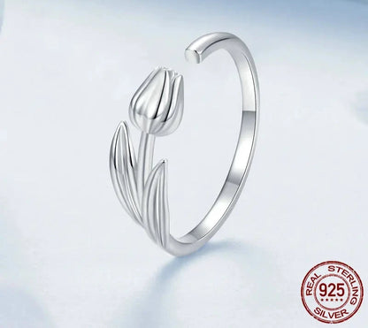 925 Sterling Silver Adjustable Tulip Flower Ring