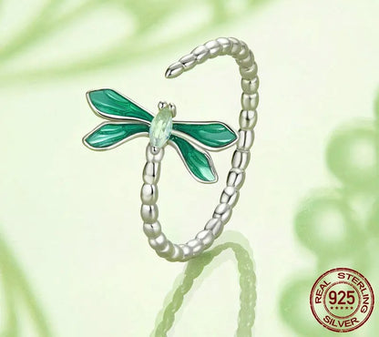 925 Sterling Silver Green Enamel Dragonfly Open Adjustable Ring - Shine Bright Store