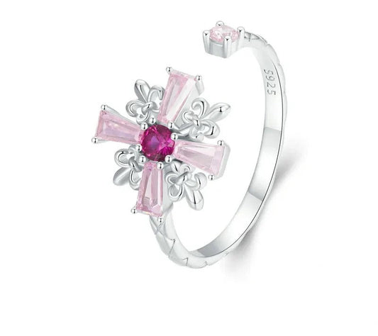 925 Sterling Silver Pink Zirconia Cross Ring - TEA LU SHOP