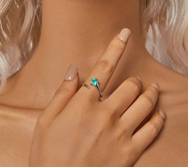 925 Sterling Silver Green Star Open Adjustable Ring - Shine Bright Store