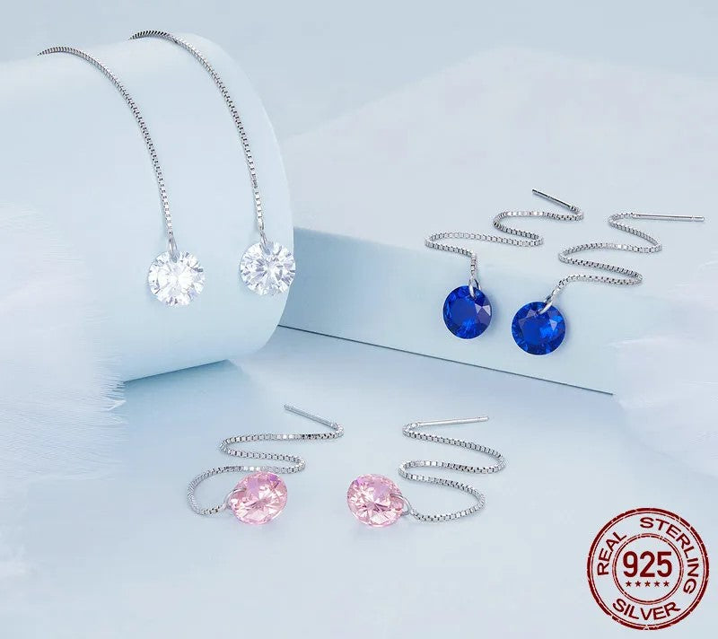 925 Sterling Silver Zircon Drop Dangle Long Earrings - TEA LU SHOP