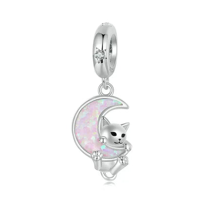 925 Sterling Silver Opal Moon Cat Charm