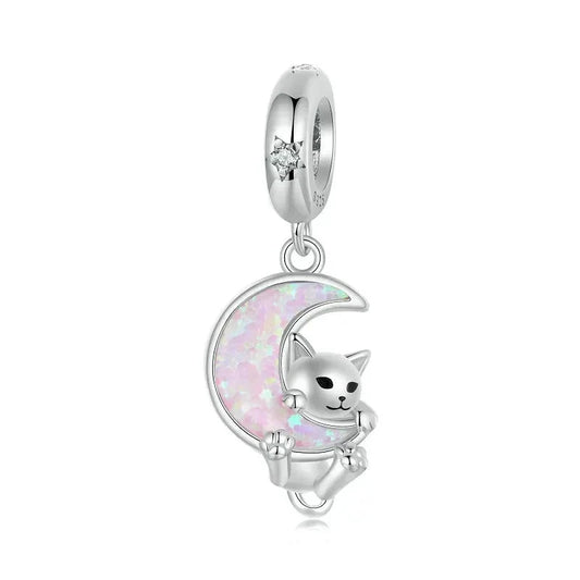 925 Sterling Silver Opal Moon Cat Charm