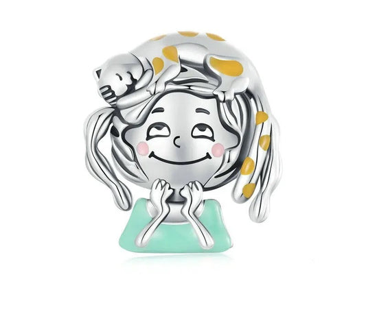 925 Sterling Silver Cute Kitty & Girl Charm - TEA LU SHOP