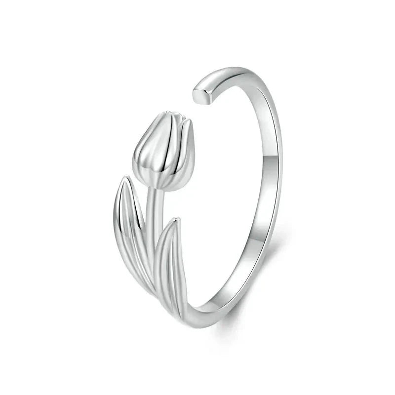 925 Sterling Silver Adjustable Tulip Flower Ring