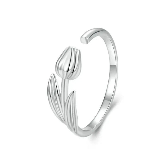 925 Sterling Silver Adjustable Tulip Flower Ring