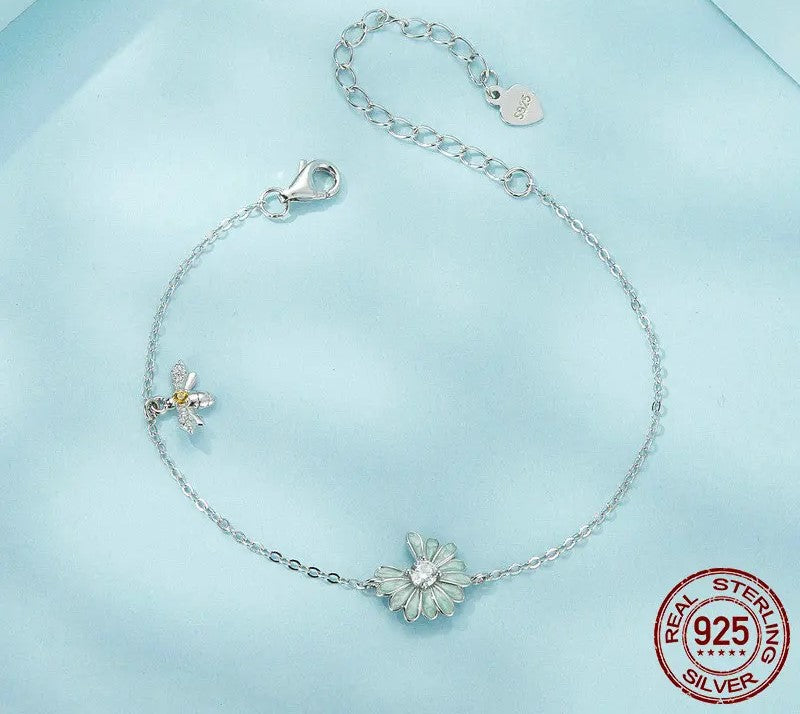 925 Sterling Silver Mint Green Daisy and Mini Bee Bracelet - Shine Bright Store