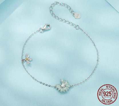 925 Sterling Silver Mint Green Daisy and Mini Bee Bracelet - Shine Bright Store