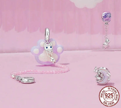 925 Sterling Silver Opal Moon Cat Charm