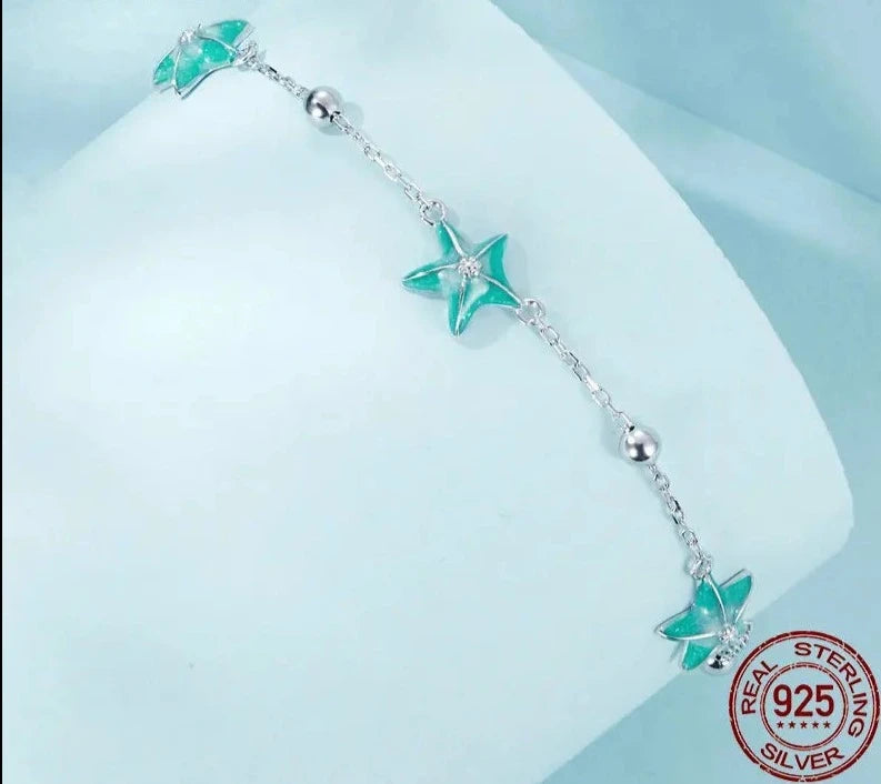 925 Sterling Blue-Green Starfish Link Chain Bracelet