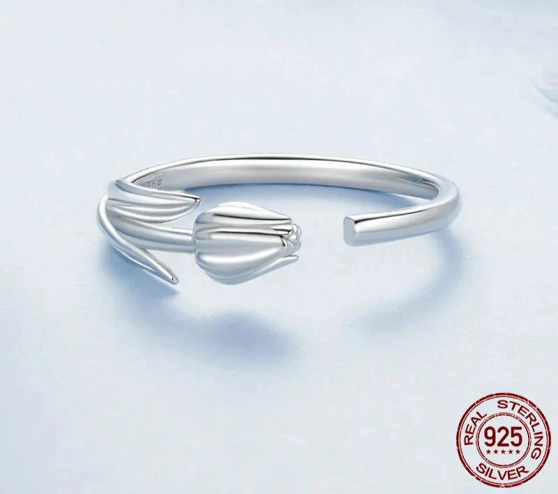 925 Sterling Silver Adjustable Tulip Flower Ring