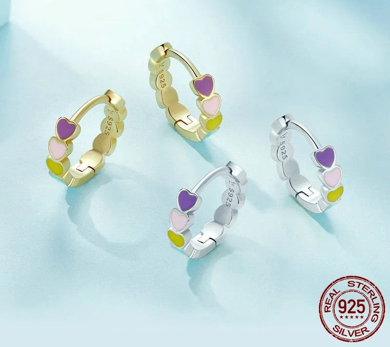 925 Sterling Silver Multicolor Enamel Heart Hoop Earrings - TEA LU SHOP