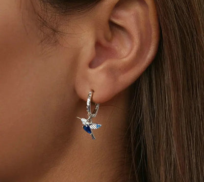 925 Sterling Silver Blue Opal Hummingbird Hoop Earrings - Shine Bright Store
