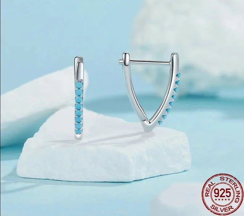 925 Sterling Silver V Shape Turquoise Hoop Earrings