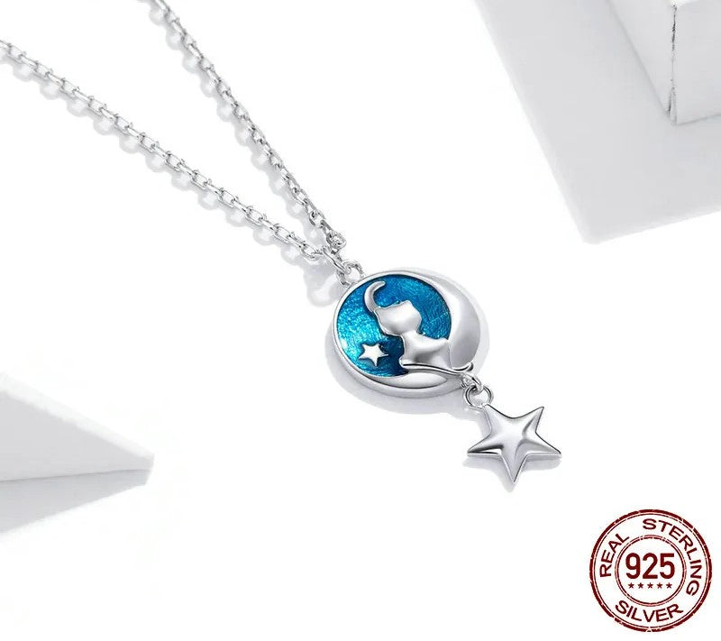 925 Sterling Silver Blue Enamel Moon & Cat Necklace - TEA LU SHOP