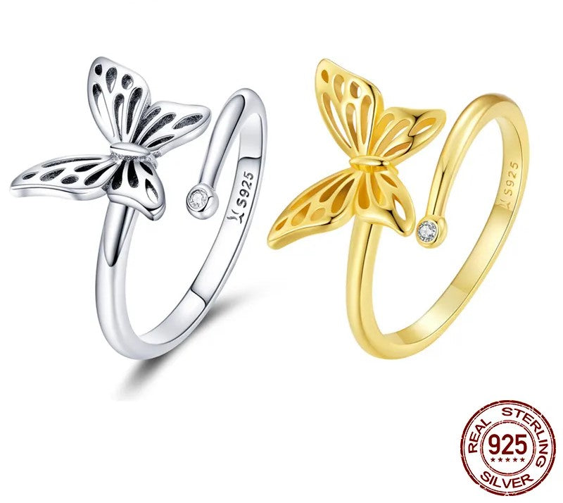 925 Sterling Silver Cute Butterfly Adjustable Ring - TEA LU SHOP