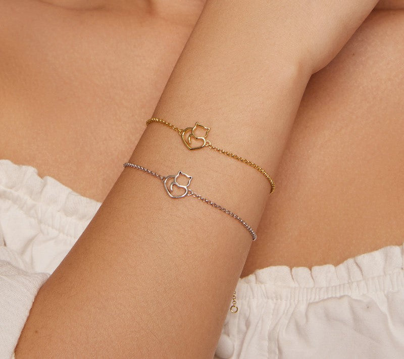 925 Sterling Silver Cat And Heart Chain Bracelets - TEA LU SHOP