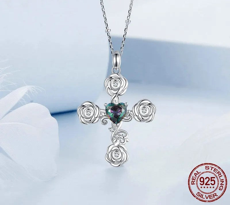 925 Sterling Silver Rose Cross Pendant Necklace - Shine Bright Store