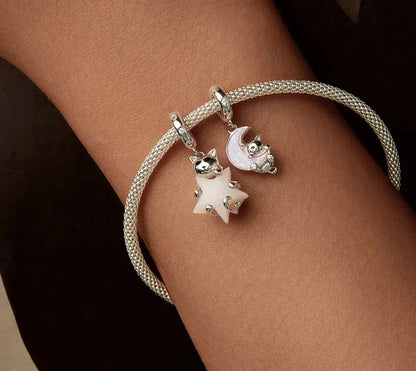 925 Sterling Silver Opal Moon Cat Charm