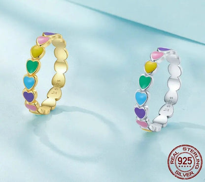 925 Sterling Silver Rainbow Heart Finger Ring - TEA LU SHOP