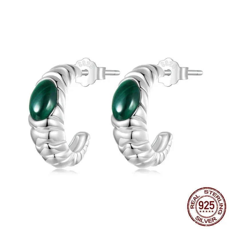 925 Sterling Silver Women Malachite Huggie Earrings