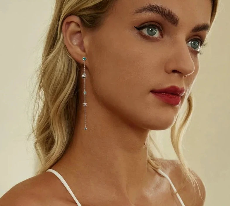 925 Sterling Silver Blue Ocean Drop Dangle Ear Threads