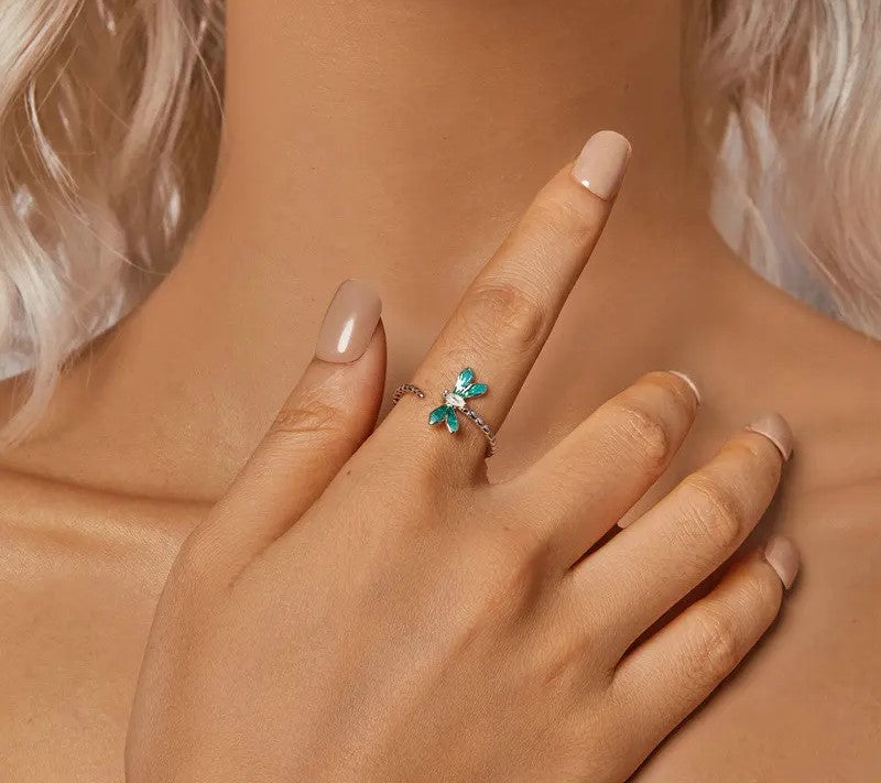 925 Sterling Silver Green Enamel Dragonfly Open Adjustable Ring - Shine Bright Store