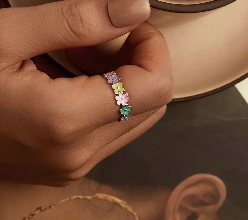 925 Sterling Silver Multi-color Enamel Mini Flower Ring - Shine Bright Store