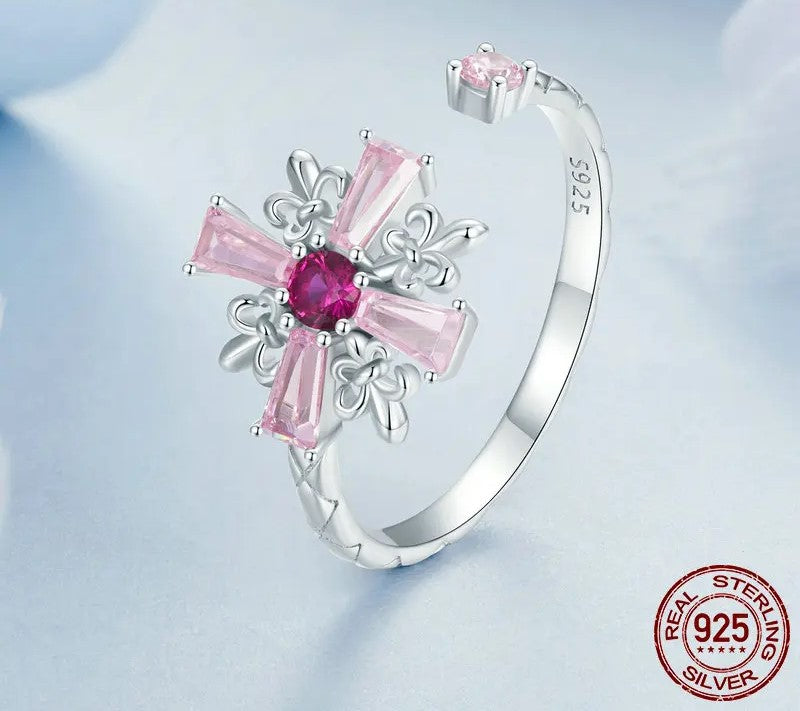 925 Sterling Silver Pink Zirconia Cross Ring - TEA LU SHOP