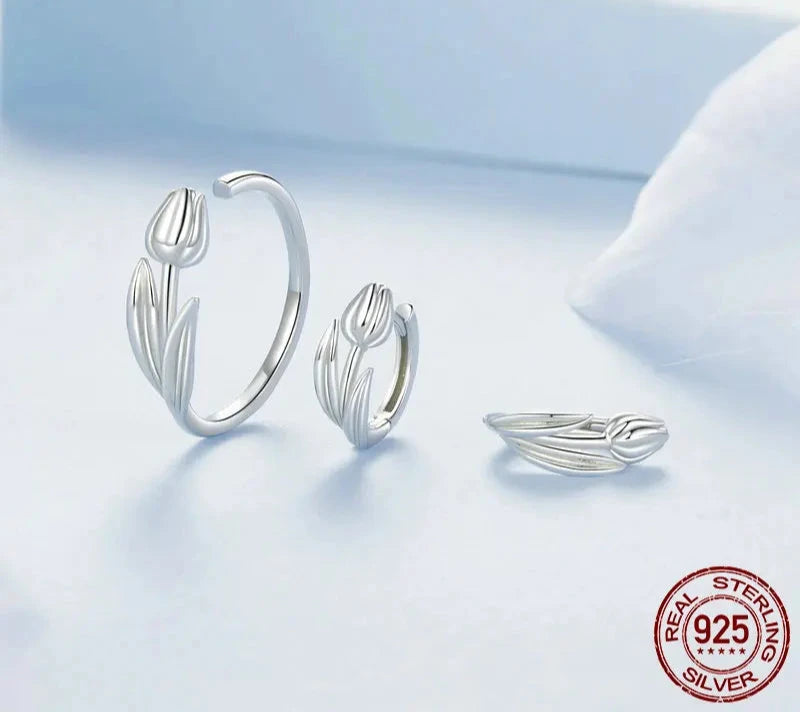 925 Sterling Silver Tulip Flower Hoop Earrings