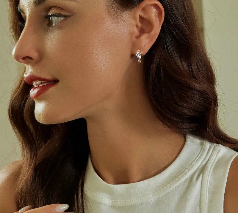 925 Sterling Silver CZ Star Hypoallergenic Small Hoop Earrings - Shine Bright Store