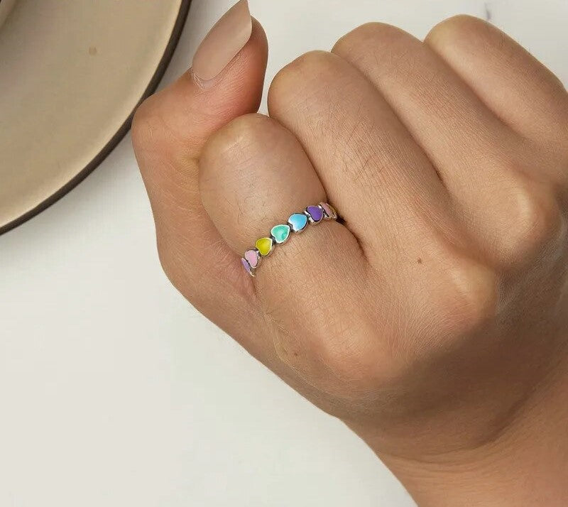 925 Sterling Silver Rainbow Heart Finger Ring - TEA LU SHOP