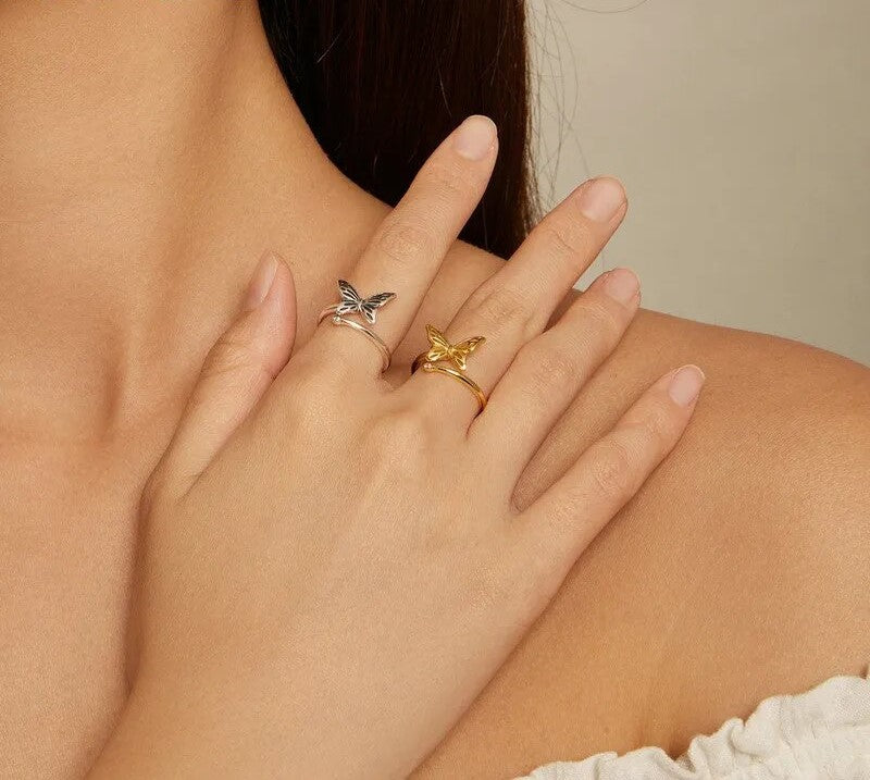 925 Sterling Silver Cute Butterfly Adjustable Ring - TEA LU SHOP