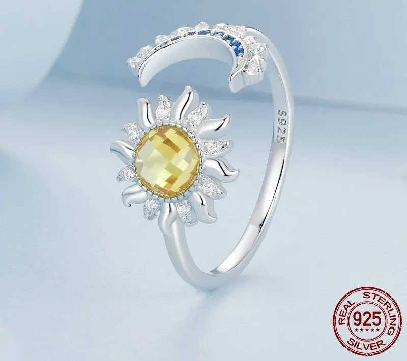 925 Sterling Silver Sun and Moon Adjustable CZ Ring - Shine Bright Store