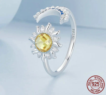 925 Sterling Silver Sun and Moon Adjustable CZ Ring - Shine Bright Store