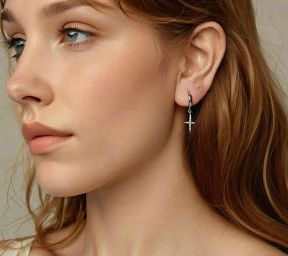 925 Sterling Silver Dainty Cross Hoop Earrings