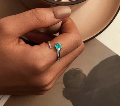 925 Sterling Silver Green Star Open Adjustable Ring - Shine Bright Store