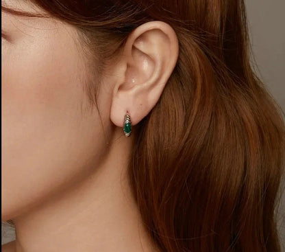 925 Sterling Silver Women Malachite Huggie Earrings