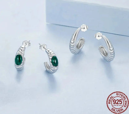 925 Sterling Silver Women Malachite Huggie Earrings