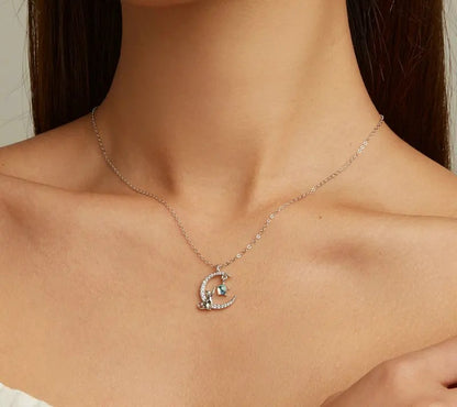 925 Sterling Silver Cute Cat Moon Necklace - TEA LU SHOP