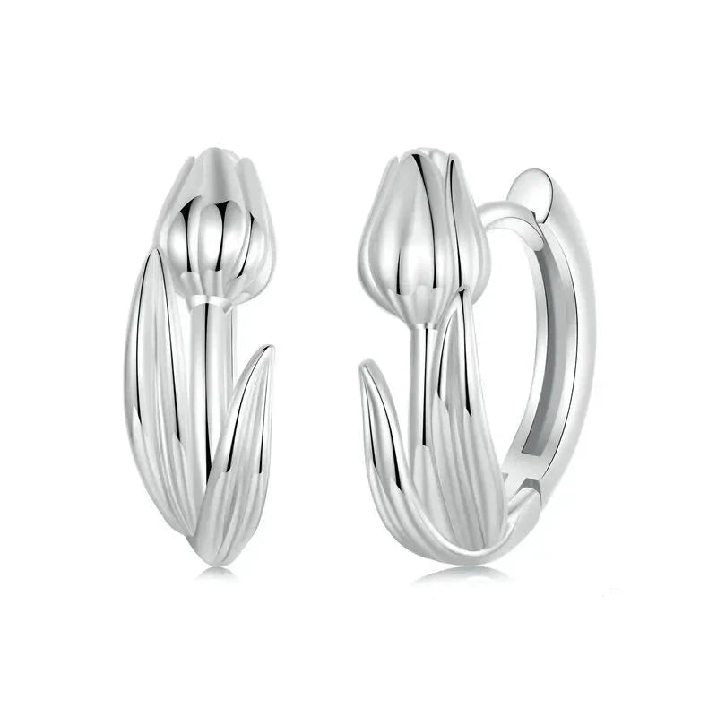 925 Sterling Silver Tulip Flower Hoop Earrings