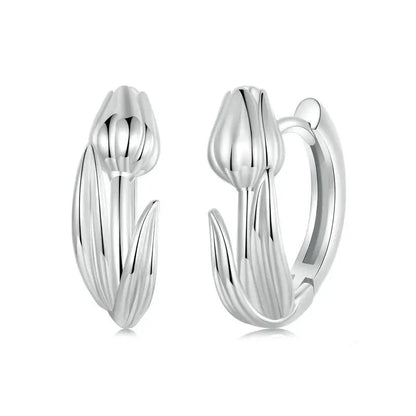 925 Sterling Silver Tulip Flower Hoop Earrings