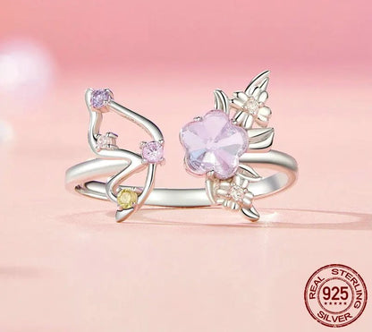 925 Sterling Silver Zircon Pink Flower Open Adjustable Ring - Shine Bright Store