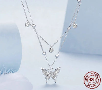 925 Sterling Silver Double-layer Tassel Butterfly Necklace - TEA LU SHOP