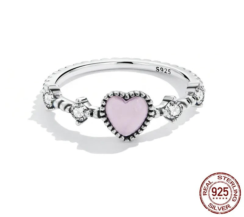 925 Sterling Silver Zircon Pink Heart Ring - TEA LU SHOP