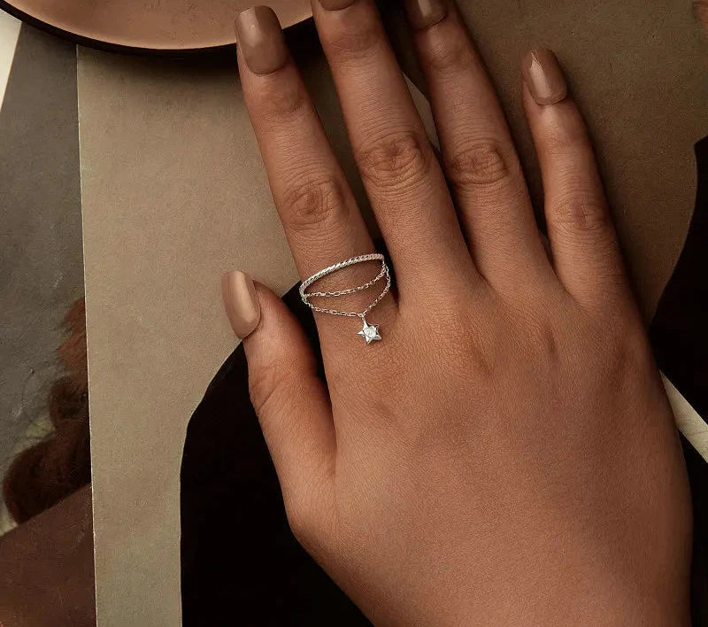 925 Sterling Silver Star Tassel Chain Ring